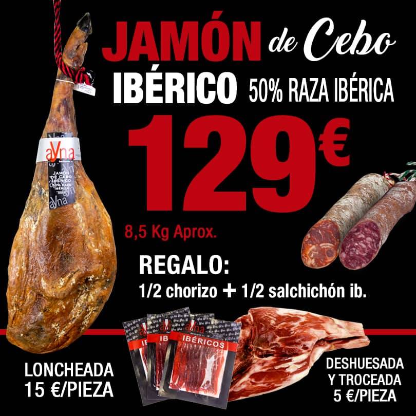 Oferta de ibéricos Ayna de jamón de cebo ibérico 50% raza ibérica más medio chorizo y medio salchichón ibéricos